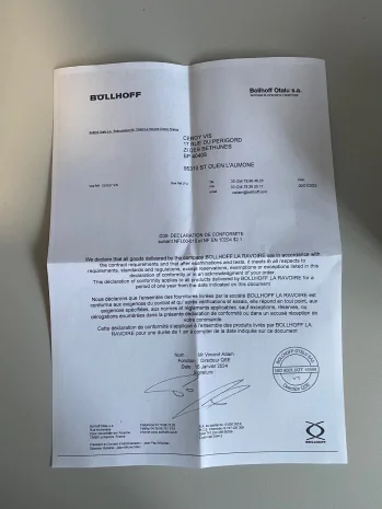 CERTIFICATE OF CONFORMITY NFL 00-015C BOLLHOFF-OTALU